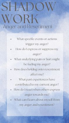 Address the powerful emotions of anger and resentment with these transformative shadow work questions. Uncover the sources of your anger, understand the impact of holding onto resentment, and learn to process these feelings in a healthy way. Use these questions to heal past wounds, release negative energy, and foster a sense of inner peace and forgiveness. 🌋💔💫 Forgiveness Shadow Work, Shadow Work Prompts For Anger, Resentment Shadow Work, Shadow Work For Ego, Journal Prompts For Resentment, Anger Shadow Work, How To Handle Anger, Shadow Work For Anger, Healthy Ways To Release Anger