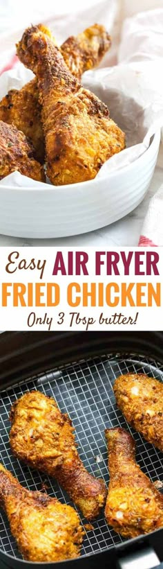 fried chicken is cooking on the grill with text overlay that reads easy air fryer fried chicken only 3 tips