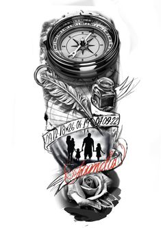 a black and white drawing of a clock with family pictures on it's side