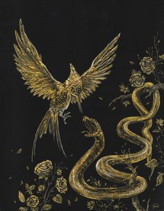 a drawing of a snake and a bird on a black background with gold foiling