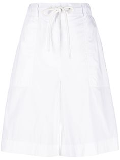 white cotton blend elasticated drawstring waistband belt loops side slash pocket two rear flap pockets wide leg knee-length Womens Long Shorts, Utilitarian Style, Knee Length Shorts, City Dress, Long Shorts, Summer Beach Wear, Drawstring Shorts, Short Outfits, White Shorts