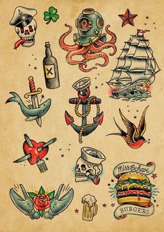 an old school tattoo design with various tattoos