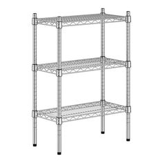 a three tier shelving unit with four shelves on each side and one shelf below