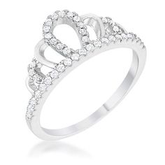 a white gold ring with diamonds in the middle and an open crown design on top