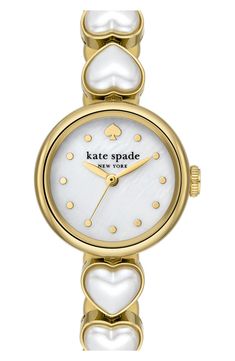 Add an elegant touch to any outfit with this chic round watch featuring a mother-of-pearl dial and a slim bracelet adorned with heart-shaped imitation pearls. 24mm case; 10mm band width Deployant clasp closure Three-hand quartz movement Mother-of-pearl dial Mineral crystal face Stainless steel with goldtone plate/imitation pearl Imported Pretty Watches For Women, Chic Watches, Pearl Watch, Heart Watch, Cute Watches, Round Watch, Pearl Heart, Dope Jewelry