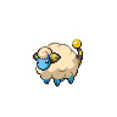 a pixelated sheep with a blue ball in its mouth