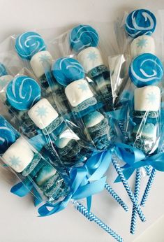 blue and white candies wrapped in cellophane