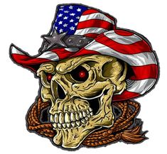 a skull wearing a red, white and blue hat with a rope around its neck