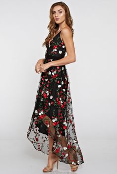 Bring the wow factor and you'll be 'coming up roses' in this beautiful hi-lo midi dress! The black dress features a black mesh overlay with a floral embroidery, cinched waist and spaghetti straps. Ships in 2-4 business days Available in black floral Back zip closure 100% polyester Hand wash cold Imported Floral Embroidered Cocktail Dress, Butterfly Couture, Unique Cocktail Dress, Boho Cocktail Dress, Fall Cocktail Dress, Posh Clothing, Red Rose Dress, Roses Black, Floral Prom Dresses