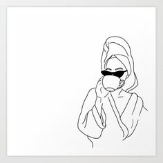 a black and white drawing of a woman with sunglasses on her face holding a cup