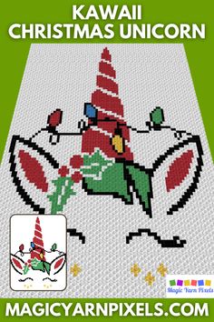 a cross stitch pattern with the words kawaii christmas unicorn in red and green