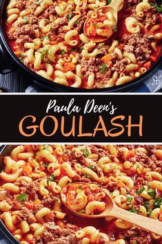 two pictures of pasta and meat in a skillet with the words, paula deep's goulash