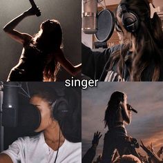 four different pictures with the same person singing in front of microphones and recording equipment