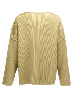 Ribbed wool sweater with geometric neckline and long sleeves. Composition: 100% wool Jil Sander Shoes, Knitwear Men, Knitwear Tops, Knitted Jumper, Green Sweater, Jil Sander, Wool Sweater, Lace Boots, Blouse Dress