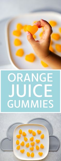 an orange juice gummies recipe on a plate with the title overlaying it