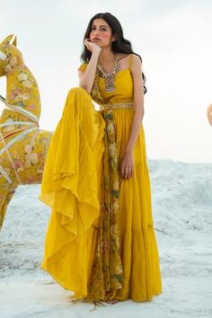 Buy Yellow Anarkali And Pant Cotton Silk Embroidered Gota Lace V Neck Set For Women by POMCHA JAIPUR Online at Aza Fashions. Tiered Anarkali, Paulmi And Harsh, Yellow Kurta, Diwali Outfits, Yellow Maxi, Printed Dupatta, Indian Gowns Dresses, Indian Gowns