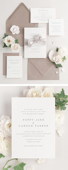 the wedding stationery is laid out on top of each other