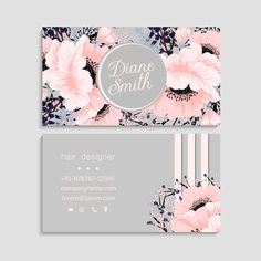 a business card with flowers and stripes on the front, in grey and pink colors