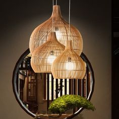 three bamboo lamps hanging from the ceiling above a potted plant in front of a mirror