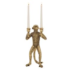 a monkey holding two candles in it's hands and standing next to each other