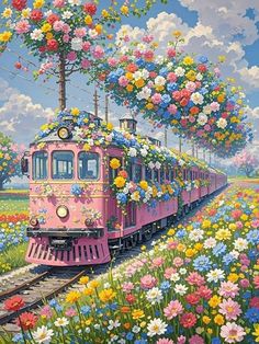 a painting of a pink train with lots of flowers on the side and trees in the background