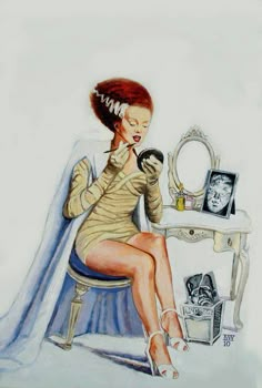 a painting of a woman sitting in front of a mirror brushing her teeth