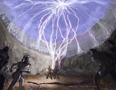 an artist's rendering of some people standing in front of a large object with lightning coming out of it