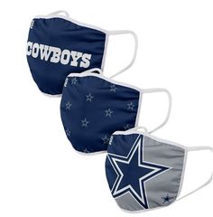 Cover up with these Dallas Cowboys Printed Face Masks. This set includes 3 face masks each with a different Dallas Cowboys design so you can represent your favorite Dallas Cowboys team with pride. . FEATURES & DETAILS____________________________ - Youth face masks- Includes three reusable, anti-dust face coverings- Dallas Cowboys team-colored designs and team logo displays- Stretchable elastic ear straps for easy, comfortable wearing- Soft and breathable to keep you comfortable- Interior poc Dallas Cowboys Women, Cow Boys, Cowboy Design, Cowboys Nation, Nfl Dallas Cowboys, Georgia Bulldogs, Face Coverings, Nfl Teams, Personal Protective Equipment