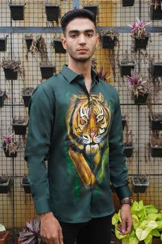 Olive green shirt with placed handpainted tiger motif in the center. - Aza Fashions Olive Green Shirt, Wild Tiger, Green Shirt, In The Wild, Green Man, Green Cotton, Shirt Pattern, Shirt Collar, Aza Fashion