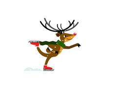 a reindeer is skating down the snow covered ground