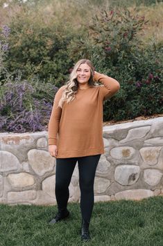 cozy up to this brushed thermal waffle knit. it has long fitted sleeves and then the rest is loose and flowy, just how we like it. split high low hem. it is so soft and long enough to throw on with your favorite pair of leggings. riley is 5'8" and wearing a 1XL. fits true to size for an oversized fit. 1XL measurements: 31.5" length, 53" bust. Fall Brown Waffle Knit Sweater, Brown Waffle Knit Sweater For Fall, Cozy Waffle Knit Sweater For Loungewear, Cozy Brown Waffle Knit Sweater, Waffle Knit Long Sleeve Sweater, Long Sleeve Waffle Knit Stretch Sweater, Stretch Waffle Knit Long Sleeve Sweater, Stretch Waffle Knit Sweater For Fall, Thermal Top