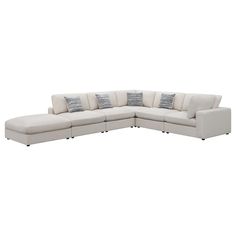 Serene 6-piece Upholstered Modular Sectional Beige by Coaster  Covered in a linen-like fabric all around, this super comfy six-piece sectional offers all the seating you need in an open concept living room or entertainment area. Designed with three armless chairs, two corner chairs and a single oversized ottoman, this contemporary modular sectional offers reversible pillows and jacquard accent pillows that you can really sink into. Black feet peer from beneath, offering a slight elevation for ru Concept Living Room, Sectional Sofa Beige, Beige Sectional, Corner Chairs, Oversized Ottoman, Contemporary Sectional, Open Concept Living Room, Modular Sectional Sofa, Corner Chair