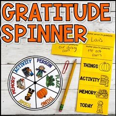 a poster with words and pictures on it that say, gratitude spinner