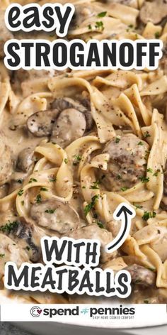 an easy stroganoni with meatballs recipe in a white bowl