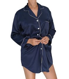 Our luxury satin shirt dress is a button-down with a notched collar, breast pocket and long sleeves. Beautiful satin buttons and piping for that extra special detailing and contrast. 96% polyester 4% spandex FREE EYEMASK WITH EVERY PURCHASE Product color may slightly vary due to photographic lighting sources or your monitor settings. Satin Long Sleeve Nightgown For Loungewear, Long-sleeve Satin Nightgown For Sleepovers, Long Sleeve Satin Nightgown For Sleepovers, Satin Long Sleeve Nightgown For Sleepover, Long Sleeve Satin Sleepwear For Night, Satin Long Sleeve Sleepwear For Night, Satin Chemise For Sleepovers, Satin Long Sleeve Sleepwear For Pajama Party, Long Sleeve Satin Sleepwear