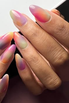 Multi coloured pastel aura nails Bright Summer Nails Designs, Unghie Sfumate, Water Color Nails, Milky Nails, Bright Summer Nails, Manicure Gel, Cute Summer Nails, Easter Nails