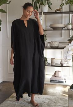 Caftan - Black Cupro Belted Long Caftan Black Caftan, Kaftan Style, Long Kaftan, Mode Casual, By The Ocean, Caftan Dress, Womens Casual, Kaftan Dress, Festival Dress