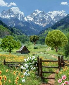 a painting of mountains and flowers in the foreground, with a wooden fence leading to it