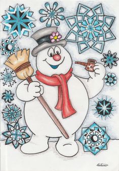 a drawing of a snowman holding a broom