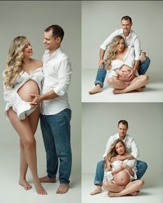 a man and woman are posing for pictures with their baby bumping on the belly