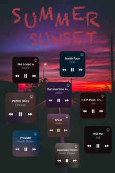 an iphone screen with the words summer sunset on it and various music player buttons in different colors