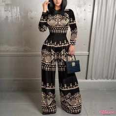 Stunning Long Sleeve Dress with Flowing Leggings and Drawstring Closure Printed Long Sleeve Jumpsuits And Rompers For Fall, Printed Long Sleeve Jumpsuit For Fall, Printed Jumpsuits And Rompers For Fall, Flowing Pants, Long Sleeve Outfit, Long Sleeve Outfits, Drawstring Dresses, Adjustable Waistband, Printed Leggings