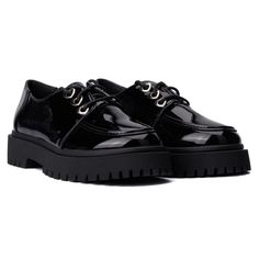 Brighten her step with the Northern Litez faux patent leather lace-up shoes! These stylish shoes feature a glossy finish that adds a touch of sophistication to any outfit. Designed with durable materials and a comfortable insole, they ensure all-day wearability. Perfect for school, parties, or casual outings, Northern Litez shoes blend elegance with everyday practicality. Trendy Lace-up Patent Leather Oxfords, Black Glossy Oxfords With Round Toe, Black Glossy Finish Round Toe Oxfords, Black Patent Leather Low-top Lace-up Shoes, Patent Leather Lace-up Party Shoes, Trendy Patent Leather Oxfords For Formal Occasions, Girls Loafers, Kids Loafers, Olivia Miller