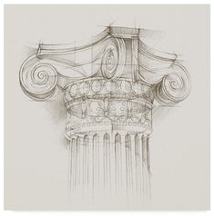 an architectural drawing of a column with swirls and scrolls on the top, in grey tones