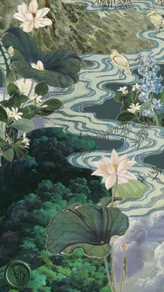 an artistic painting with flowers and water lilies