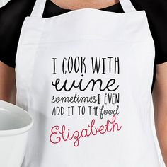 a woman wearing an apron with the words i cook with eme sometimes even add it to the food elizabeth