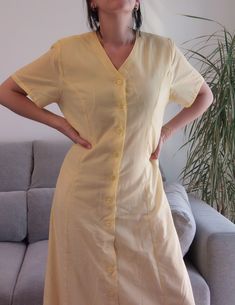 "Vintage yellow gingham shirtdress. 90's button up yellow maxi dress. Fully lined. Fits like a M/L. Measurements lying flat: Bust: 18.9\" / 48cm waist: 15.5\" / 39cm Hips: 21.7\" / 55cm Length: 56.7\" / 144cm" Yellow Daywear Dress With Button Closure, Yellow Button-up Dress For Daywear, Yellow Gingham, Yellow Maxi Dress, Women's Uniforms, Yellow Maxi, Fun Pants, Uniform Fashion, Button Down Dress