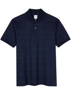 navy blue cotton piqué weave stripe detailing front button placket polo collar short sleeves straight hem Classic Striped Polo Shirt With Collared Neckline, Blue Cotton Polo Shirt With Horizontal Stripes, Blue Striped Polo Shirt With Polo Collar, Blue Polo Shirt With Horizontal Stripes, Blue Polo Shirt With Striped Collar, Striped Polo Shirt With Ribbed Collar, Striped Short Sleeve Polo Shirt With Ribbed Collar, Classic Polo Shirt With Signature Stripes, Navy Cotton Polo Shirt With Contrast Stripes