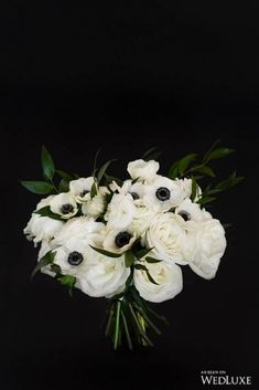 a bouquet of white flowers on a black background