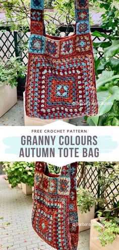 Crochet Granny Tote Bag Crochet Bags For Fall, Granny Square Boho Bag, Croche Bag Free Pattern, Fall Granny Square Bag, Crochet Bag Granny Square Free Pattern, Hippy Crochet Patterns Free, Crochet Fall Bag, Crochet Gift Free Pattern, Granny Square Crochet Bags